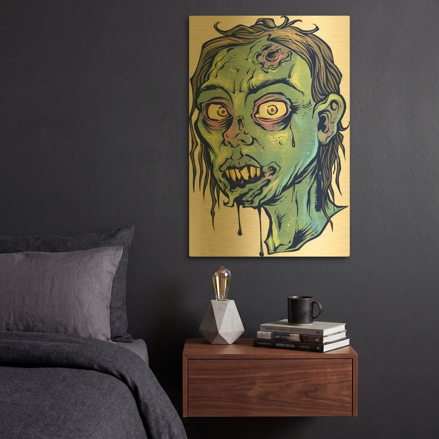 'Zombie Pattern Head 08' By Flyland Designs Gold Metal Wall Art