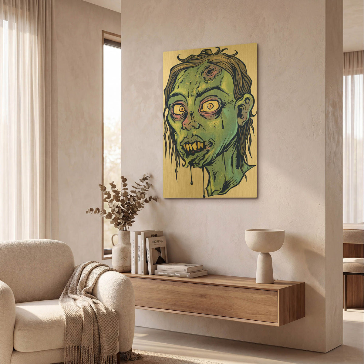 'Zombie Pattern Head 08' By Flyland Designs Gold Metal Wall Art