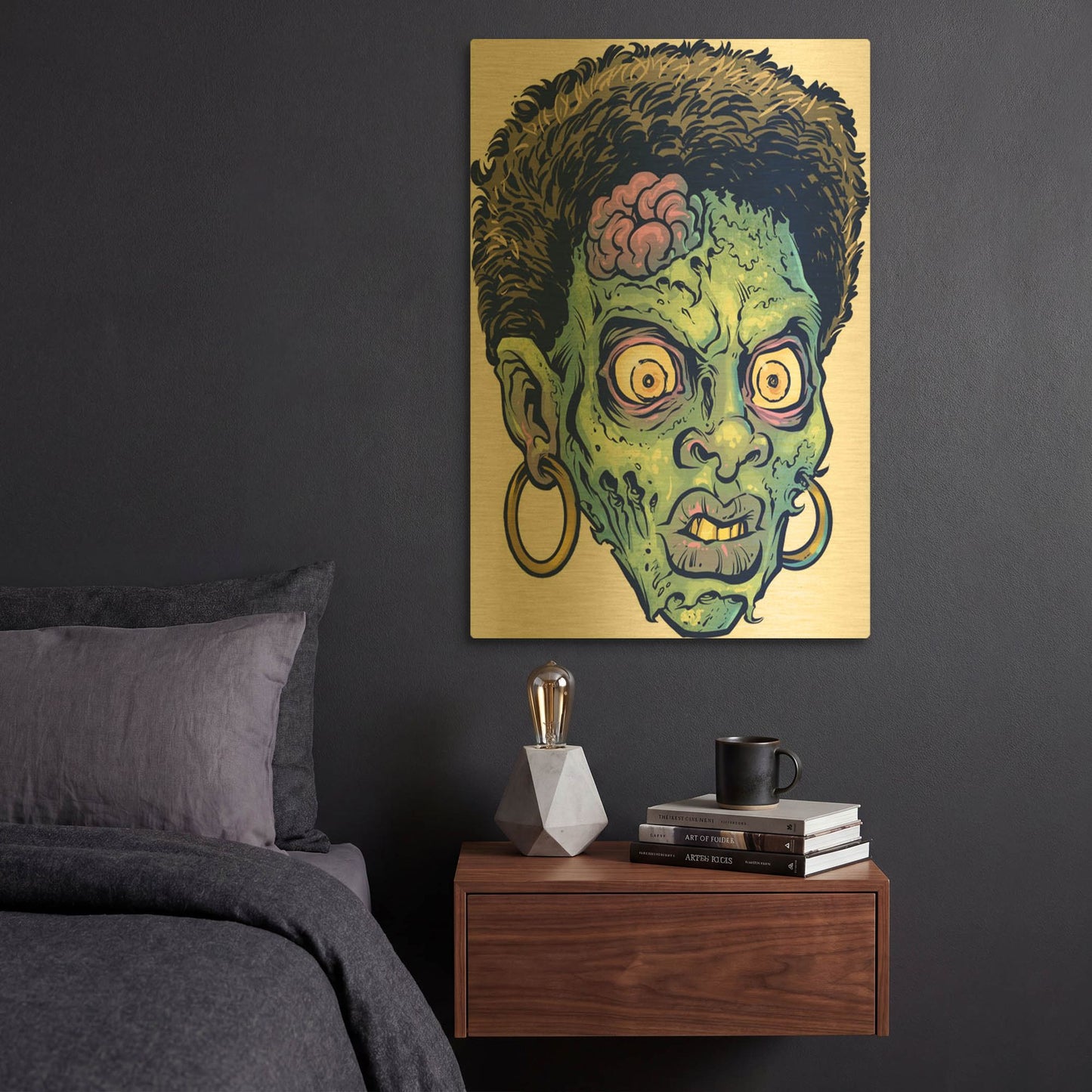 'Zombie Pattern Head 11' By Flyland Designs Gold Metal Wall Art