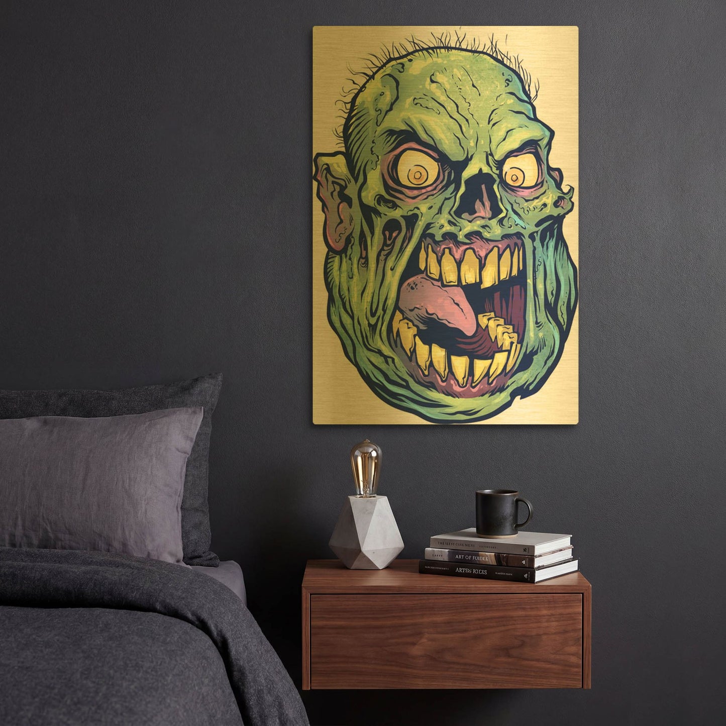 'Zombie Pattern Head 12' By Flyland Designs Gold Metal Wall Art