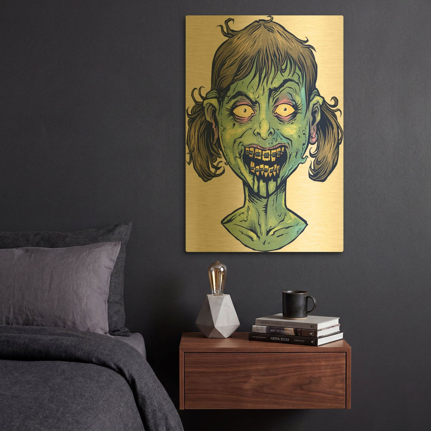 'Zombie Pattern Head 13' By Flyland Designs Gold Metal Wall Art