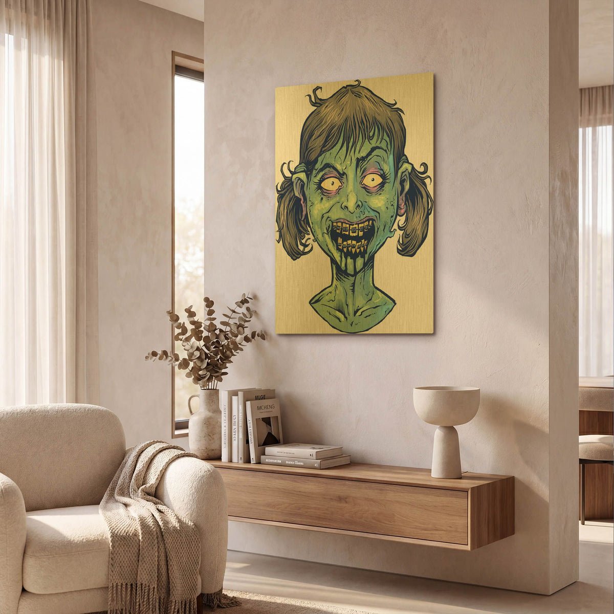 'Zombie Pattern Head 13' By Flyland Designs Gold Metal Wall Art