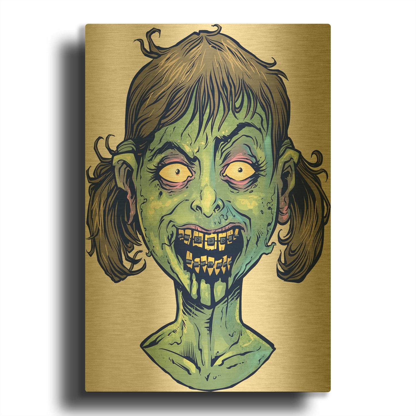 'Zombie Pattern Head 13' By Flyland Designs Gold Metal Wall Art