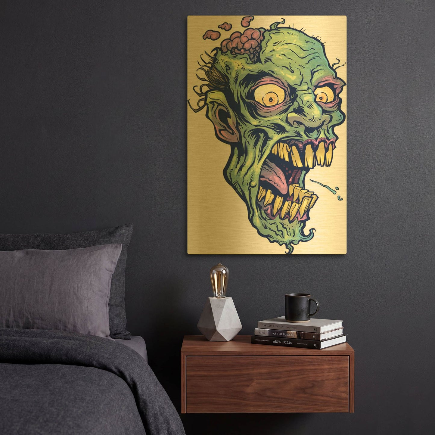 'Zombie Pattern Head 14' By Flyland Designs Gold Metal Wall Art