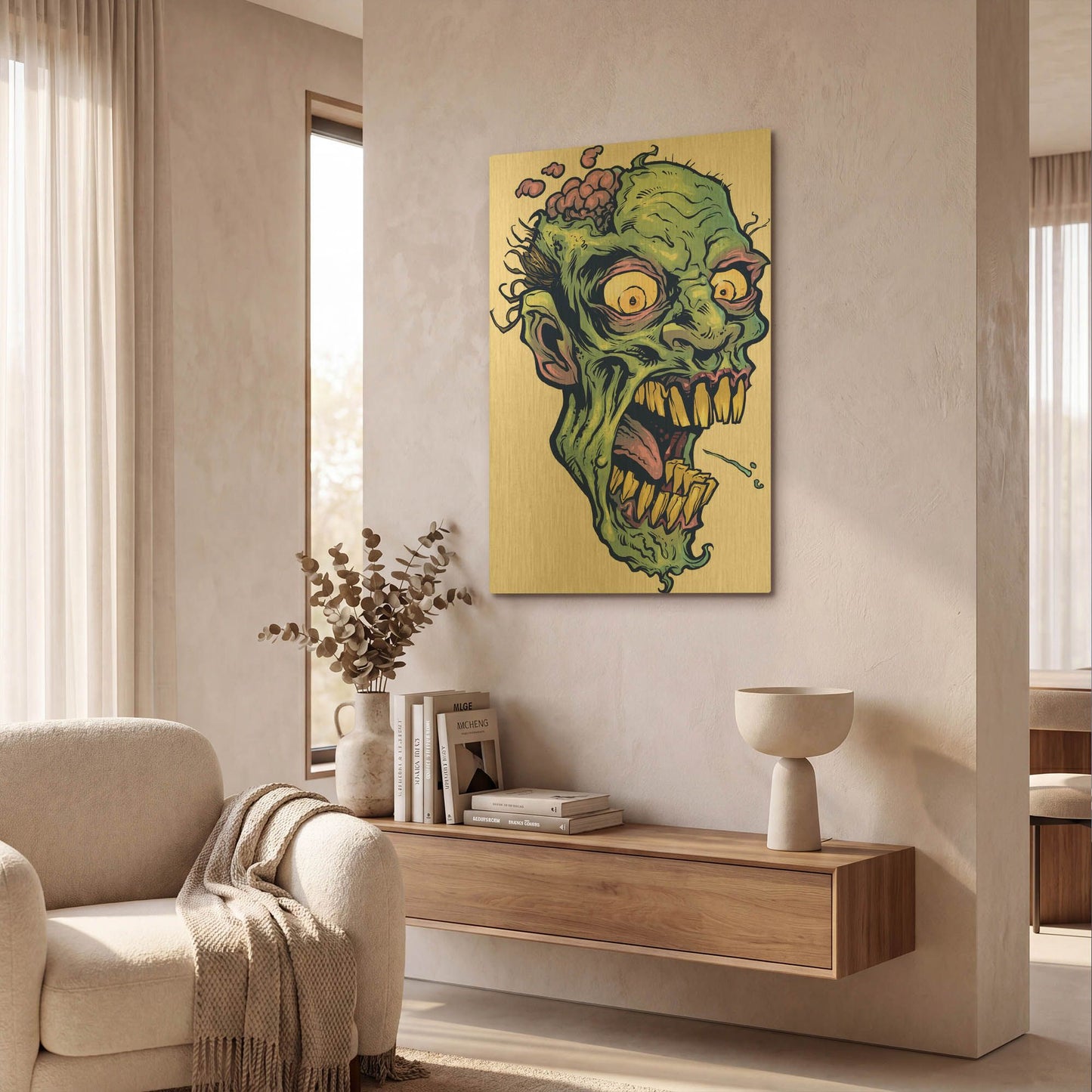 'Zombie Pattern Head 14' By Flyland Designs Gold Metal Wall Art