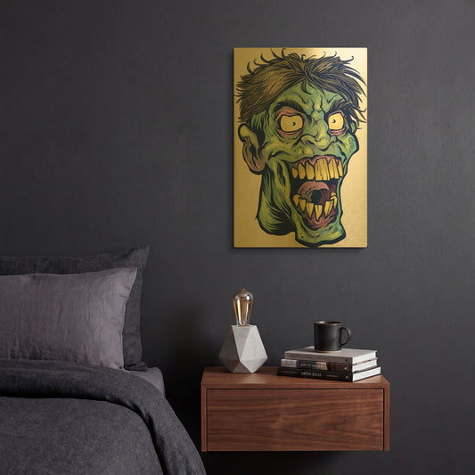 'Zombie Pattern Head 15' By Flyland Designs Gold Metal Wall Art