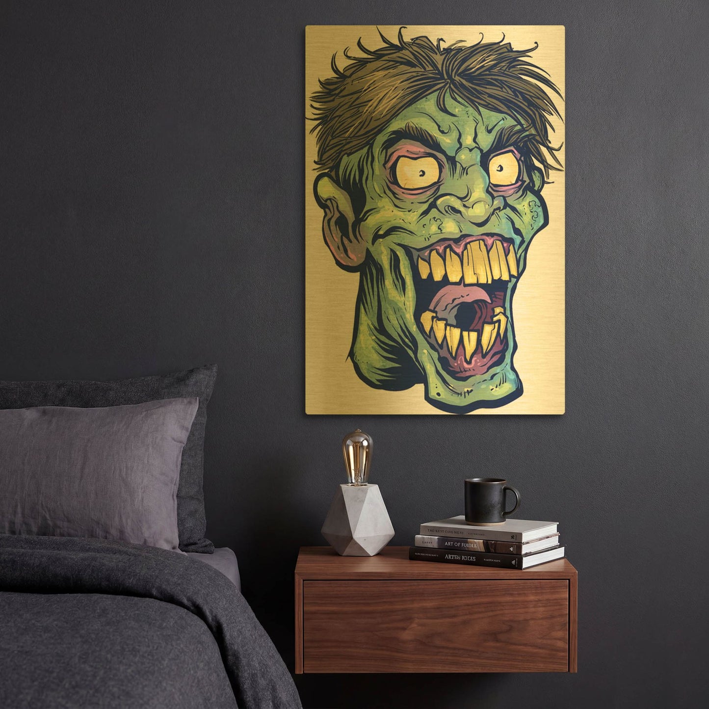 'Zombie Pattern Head 15' By Flyland Designs Gold Metal Wall Art