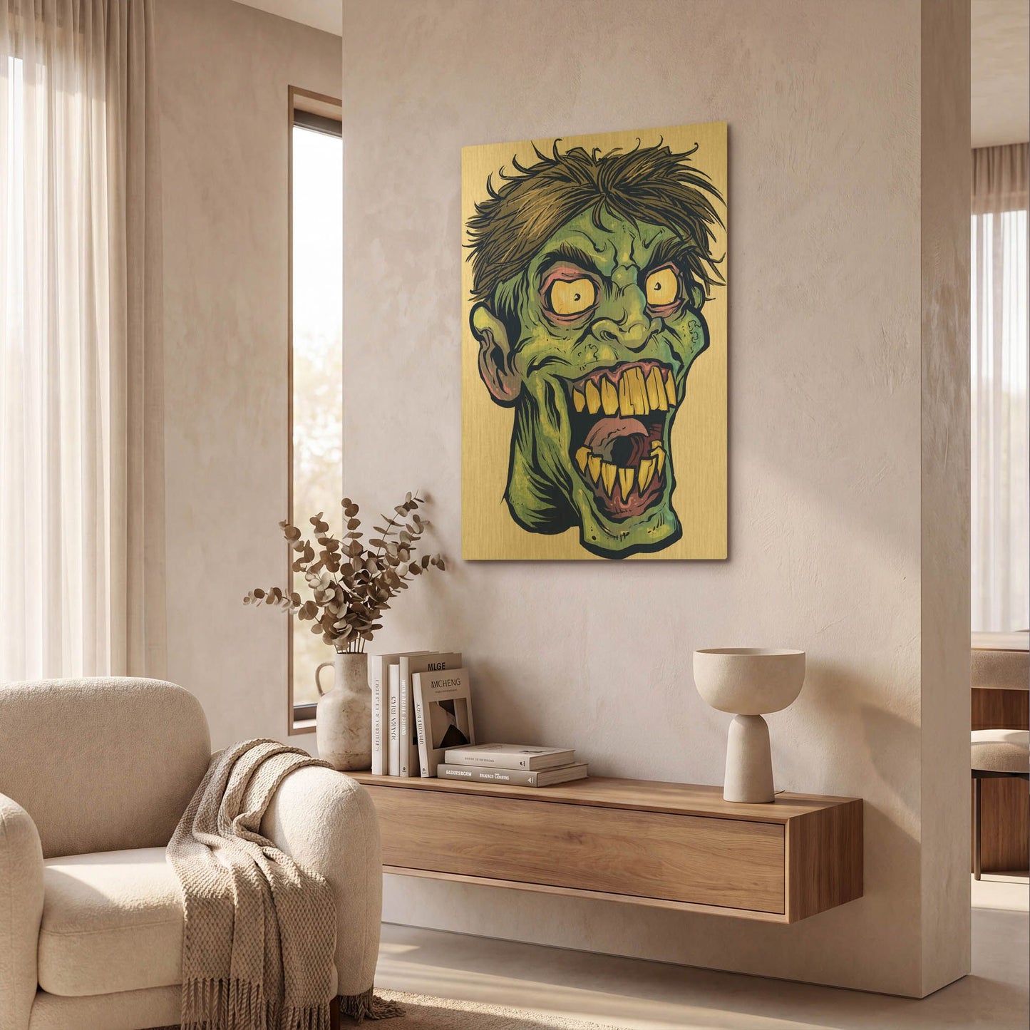 'Zombie Pattern Head 15' By Flyland Designs Gold Metal Wall Art