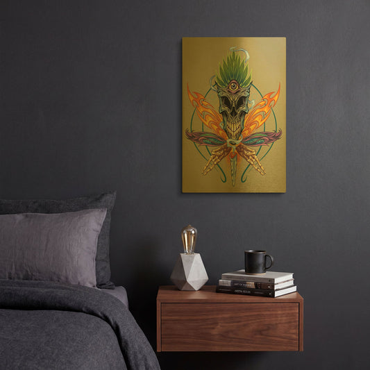 'Cannabis Skull Illustration' By Flyland Designs Gold Metal Wall Art