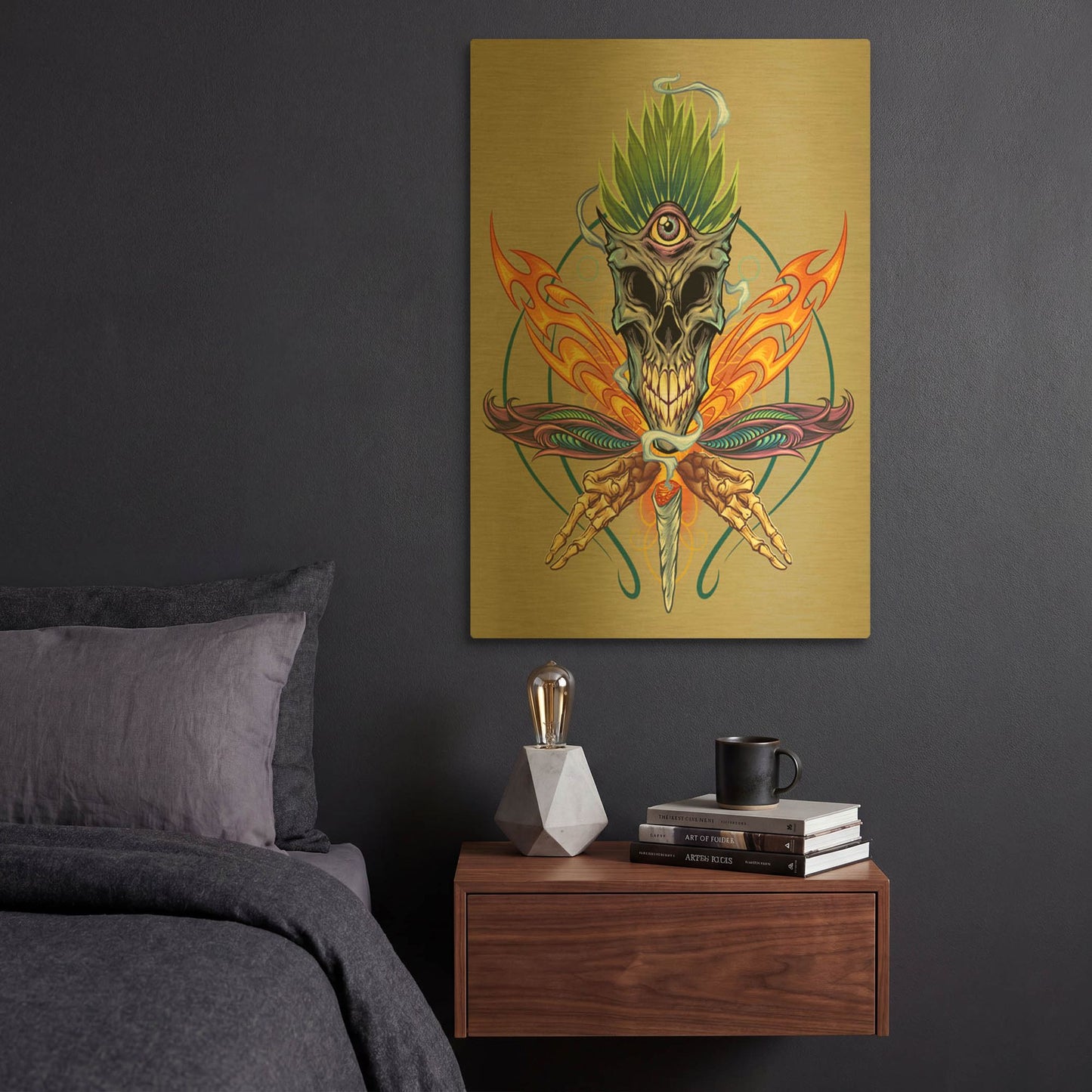 'Cannabis Skull Illustration' By Flyland Designs Gold Metal Wall Art