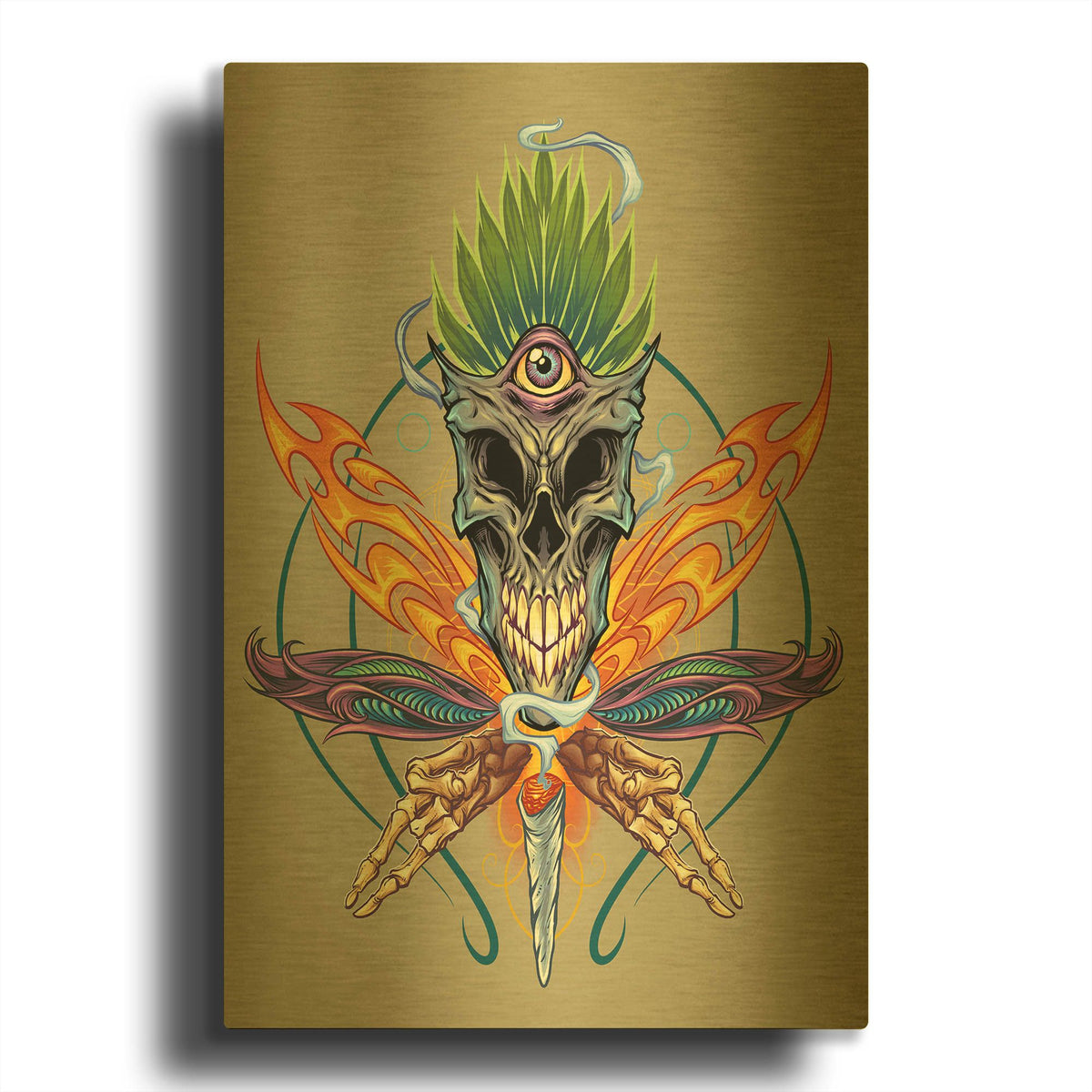 'Cannabis Skull Illustration' By Flyland Designs Gold Metal Wall Art