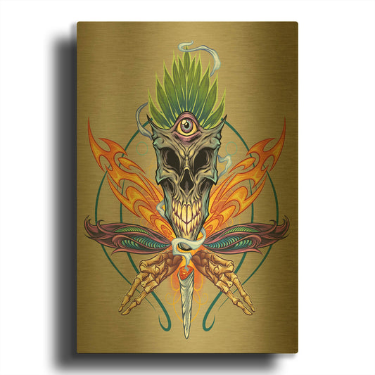 'Cannabis Skull Illustration' By Flyland Designs Gold Metal Wall Art