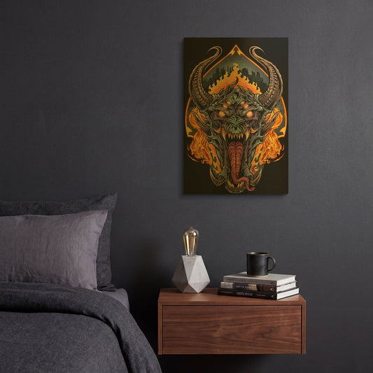 'Demon Face and Fire Skulls' By Flyland Designs Gold Metal Wall Art