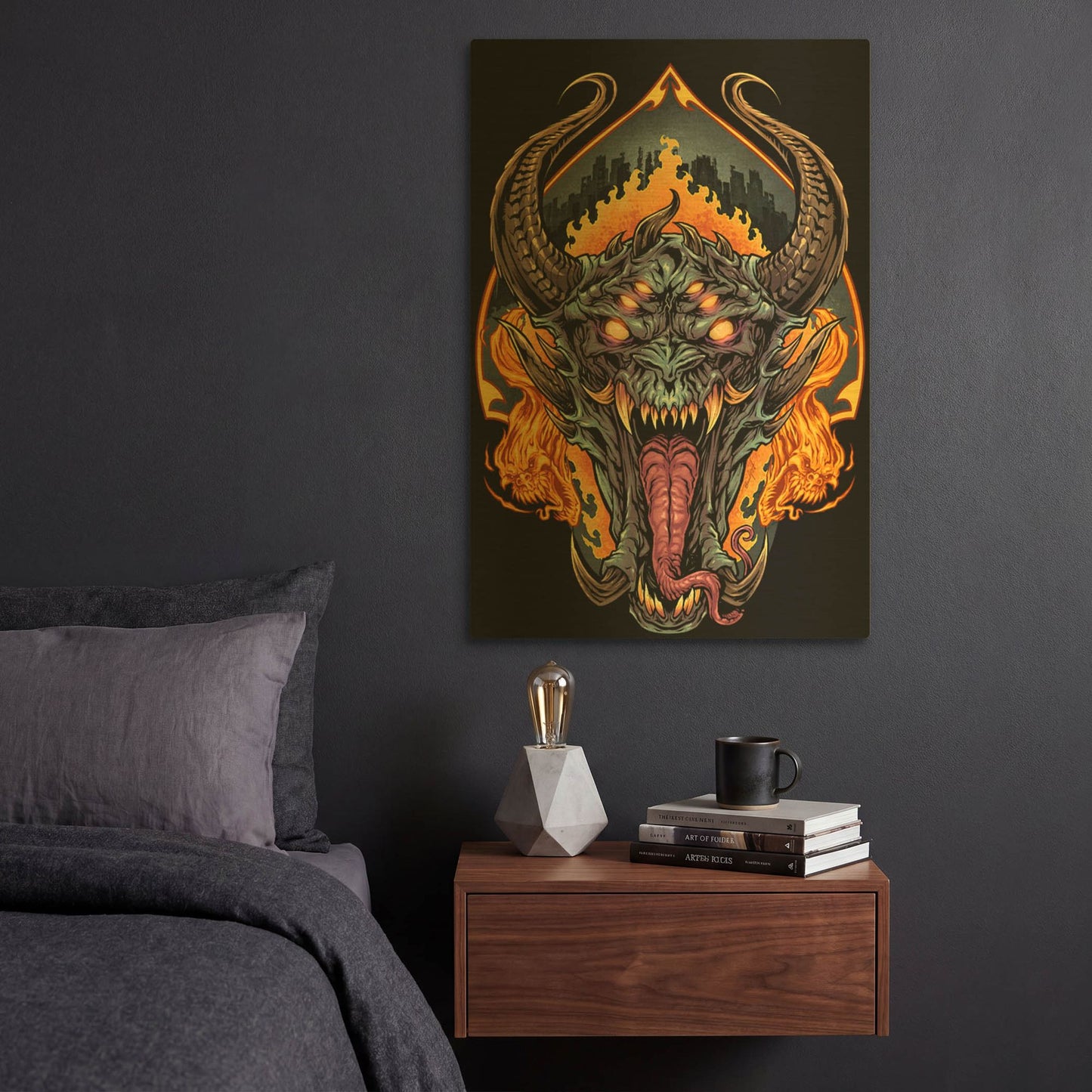 'Demon Face and Fire Skulls' By Flyland Designs Gold Metal Wall Art