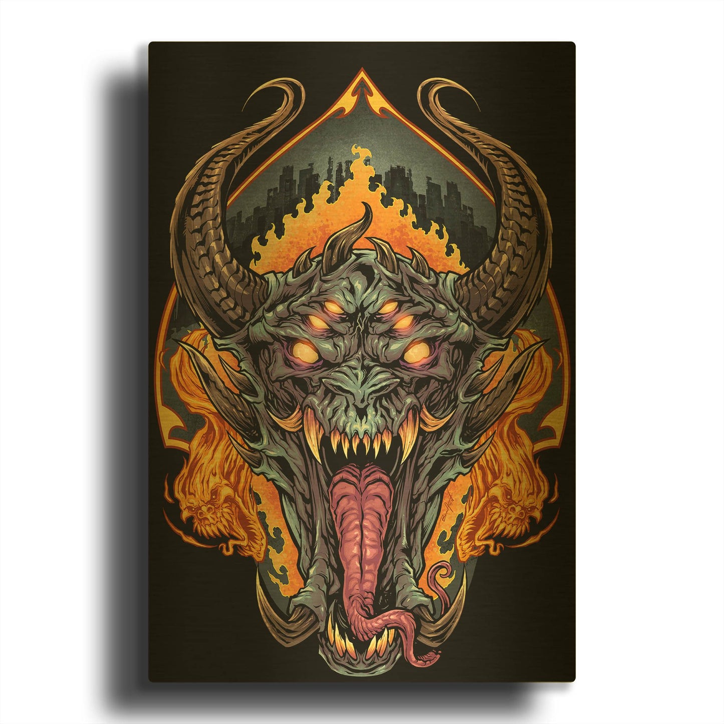 'Demon Face and Fire Skulls' By Flyland Designs Gold Metal Wall Art