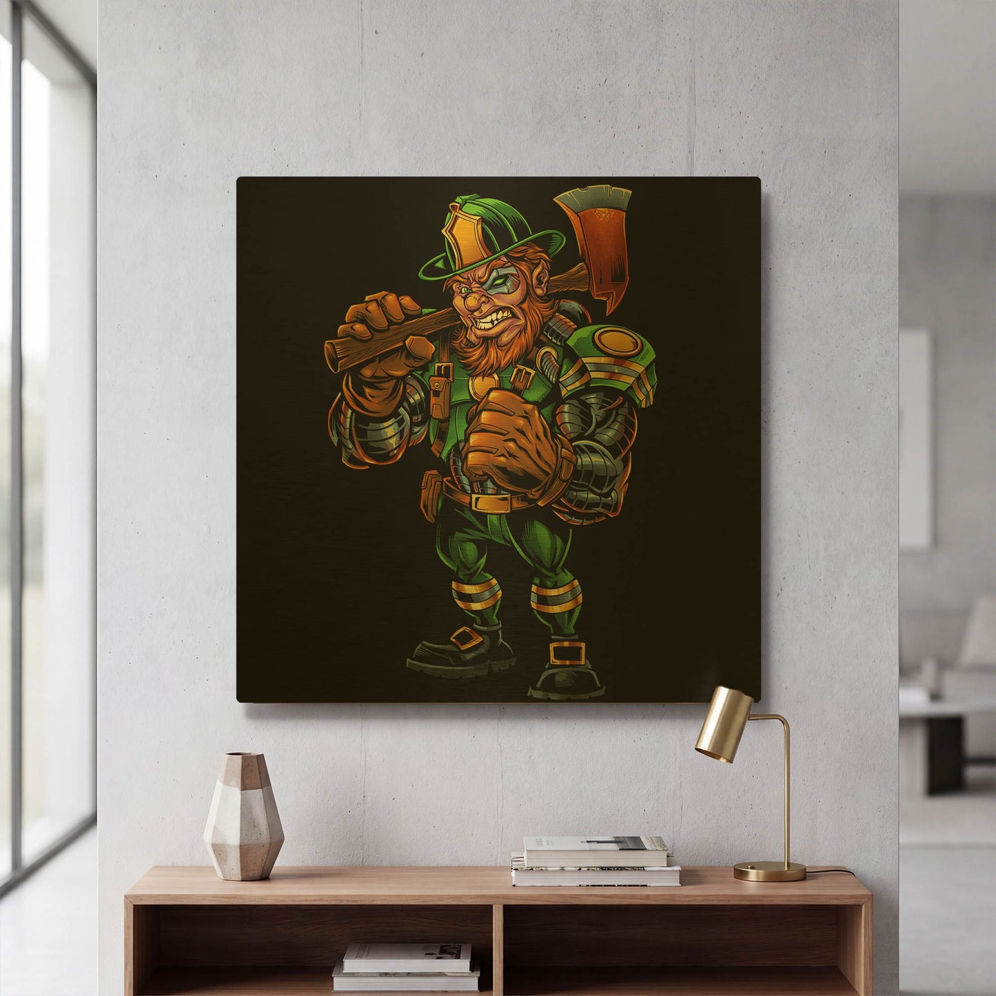 'Fire Fighter Cyborg Leprechaun' By Flyland Designs Gold Metal Wall Art