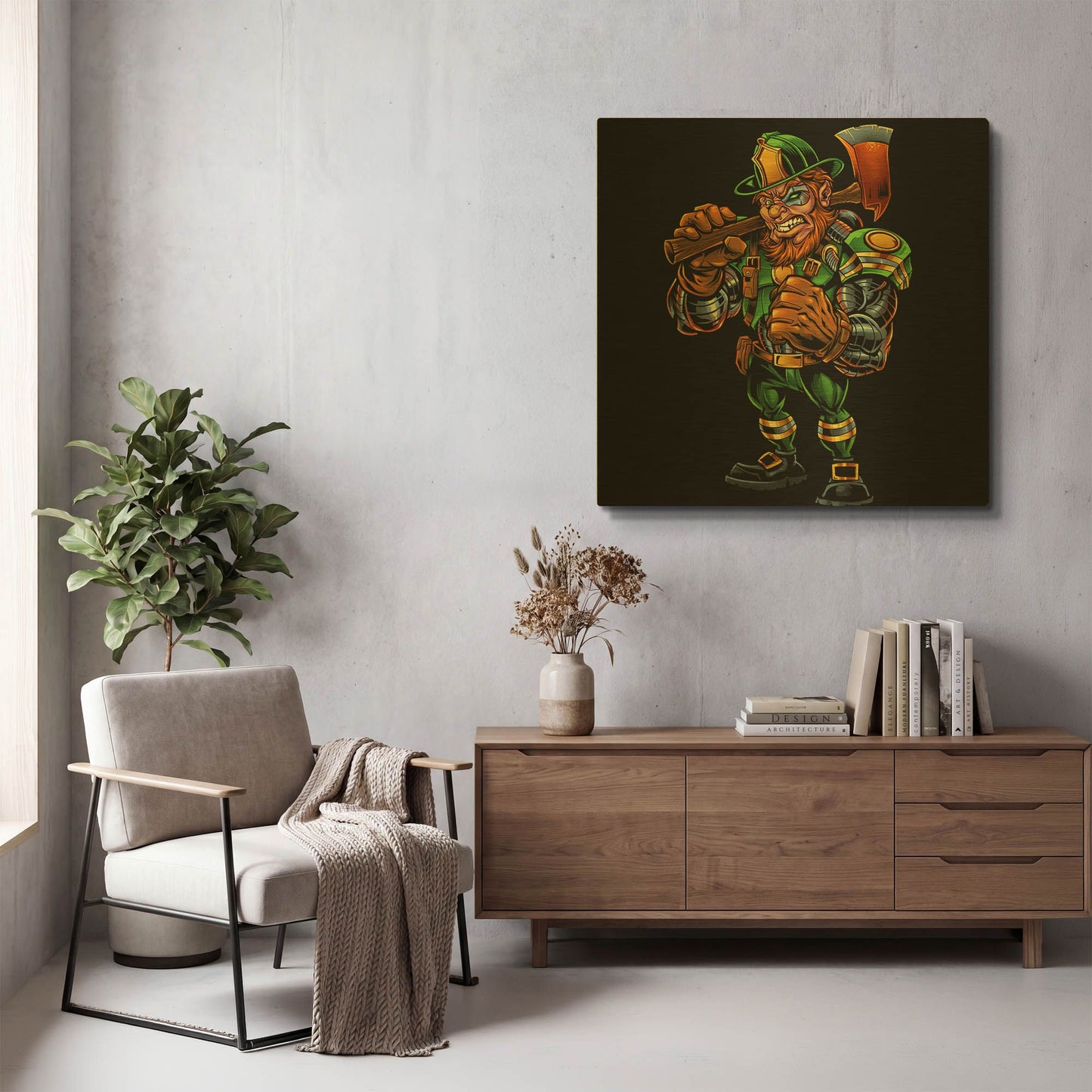 'Fire Fighter Cyborg Leprechaun' By Flyland Designs Gold Metal Wall Art