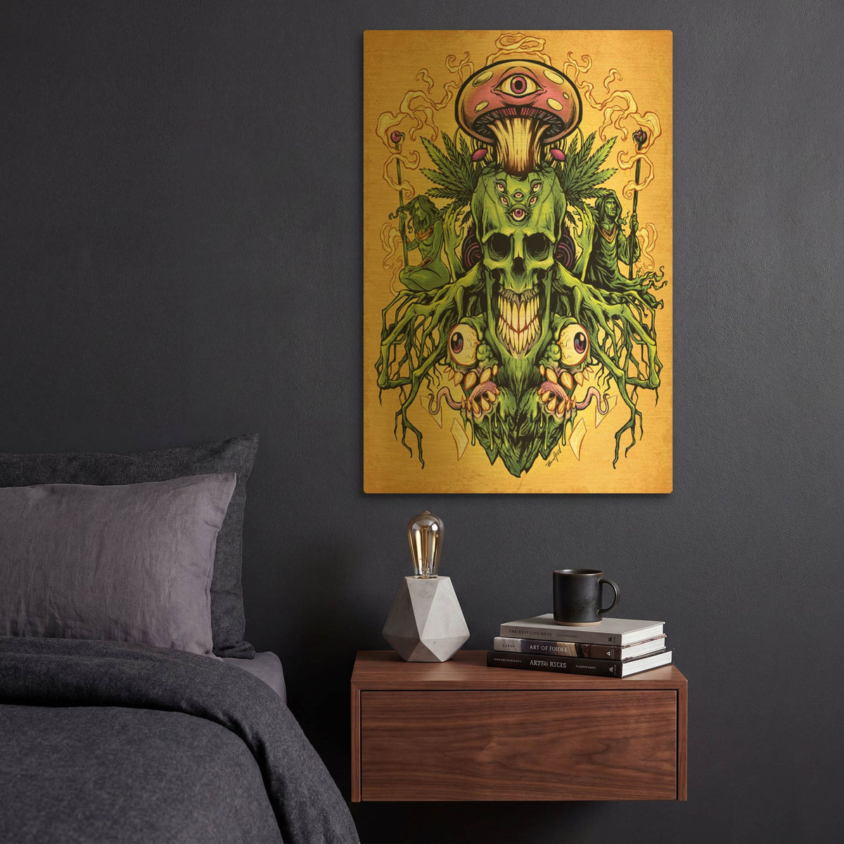 'Marijuana Skull and Mushrooms' By Flyland Designs Gold Metal Wall Art