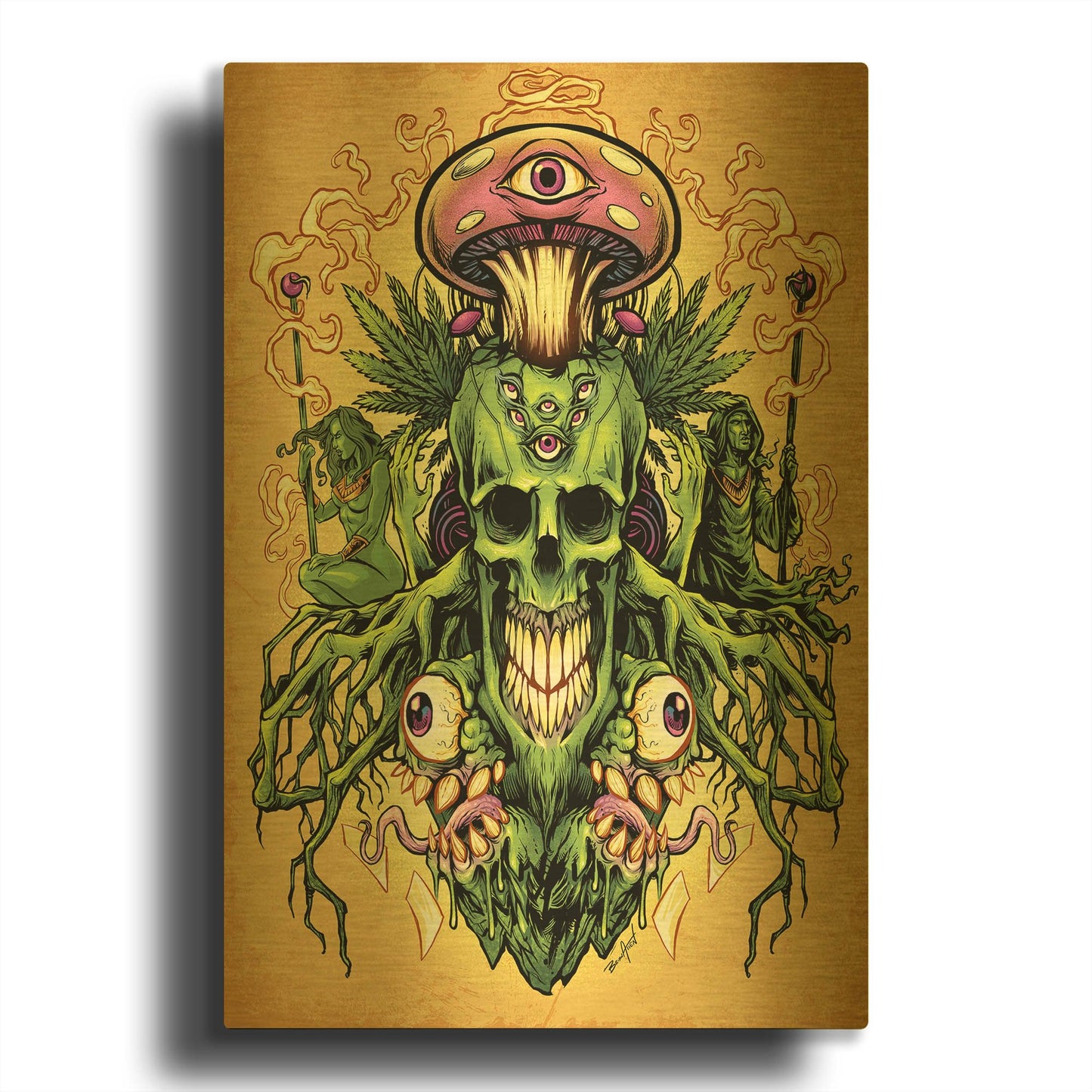 'Marijuana Skull and Mushrooms' By Flyland Designs Gold Metal Wall Art