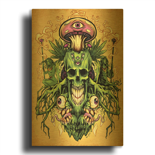 'Marijuana Skull and Mushrooms' By Flyland Designs Gold Metal Wall Art