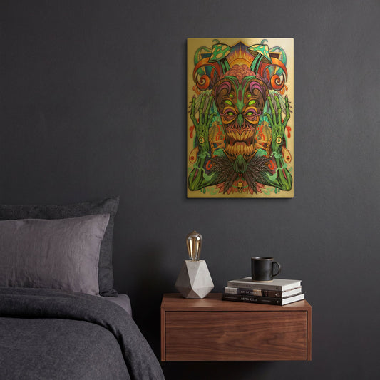 'Psychedelic Tiki Creature' By Flyland Designs Gold Metal Wall Art