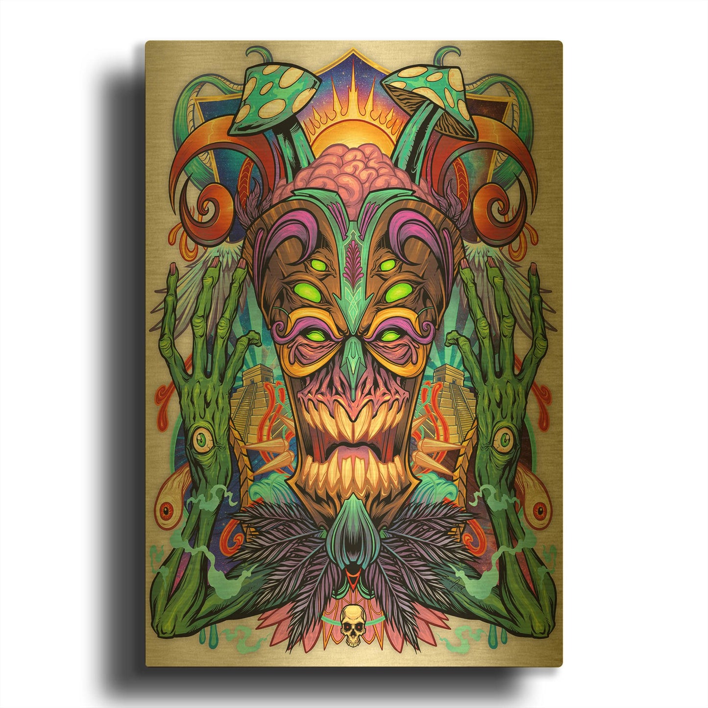 'Psychedelic Tiki Creature' By Flyland Designs Gold Metal Wall Art