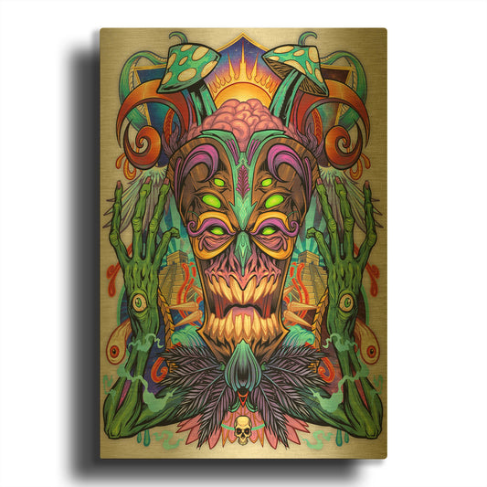 'Psychedelic Tiki Creature' By Flyland Designs Gold Metal Wall Art