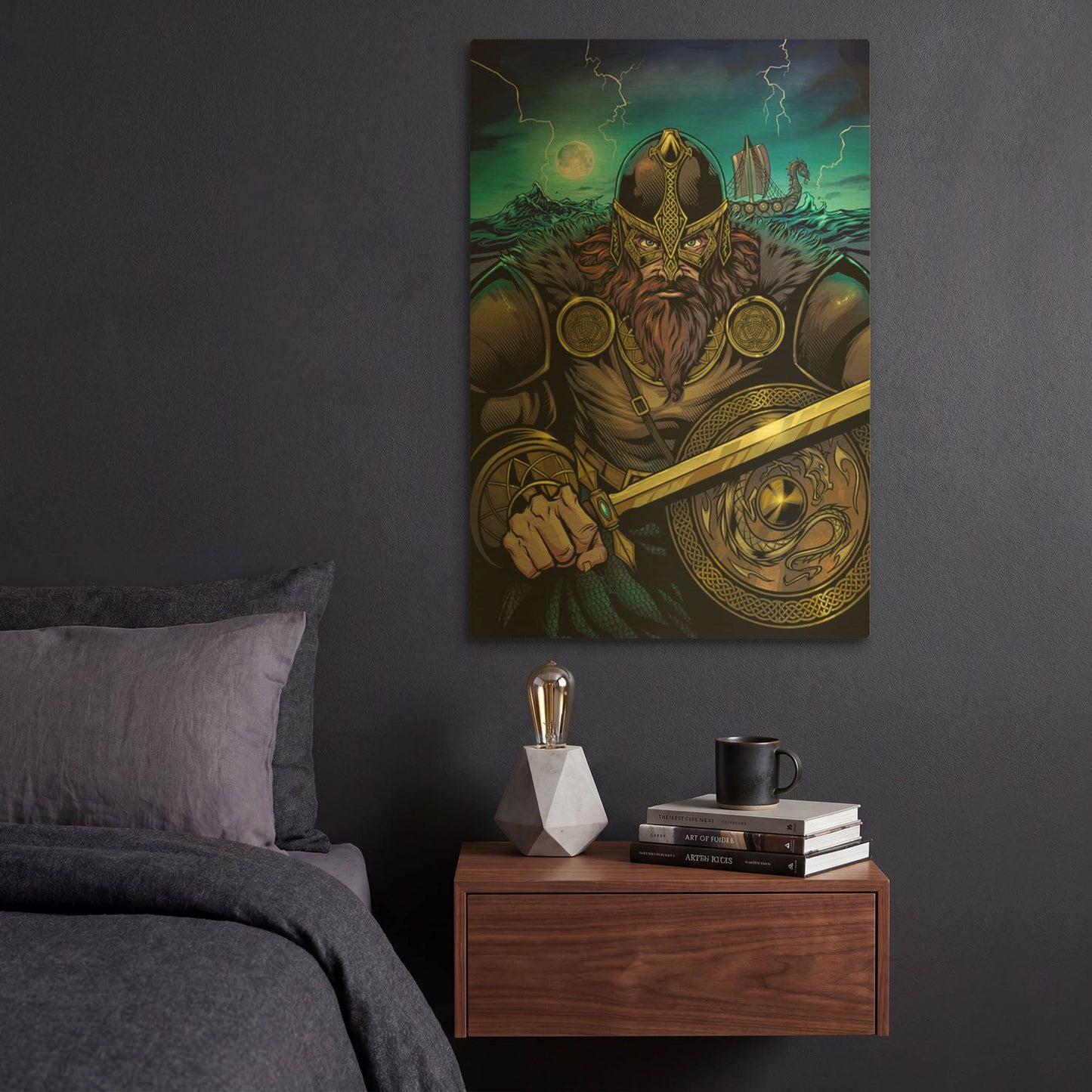 'Viking Sword and Shield Moonlight' By Flyland Designs Gold Metal Wall Art