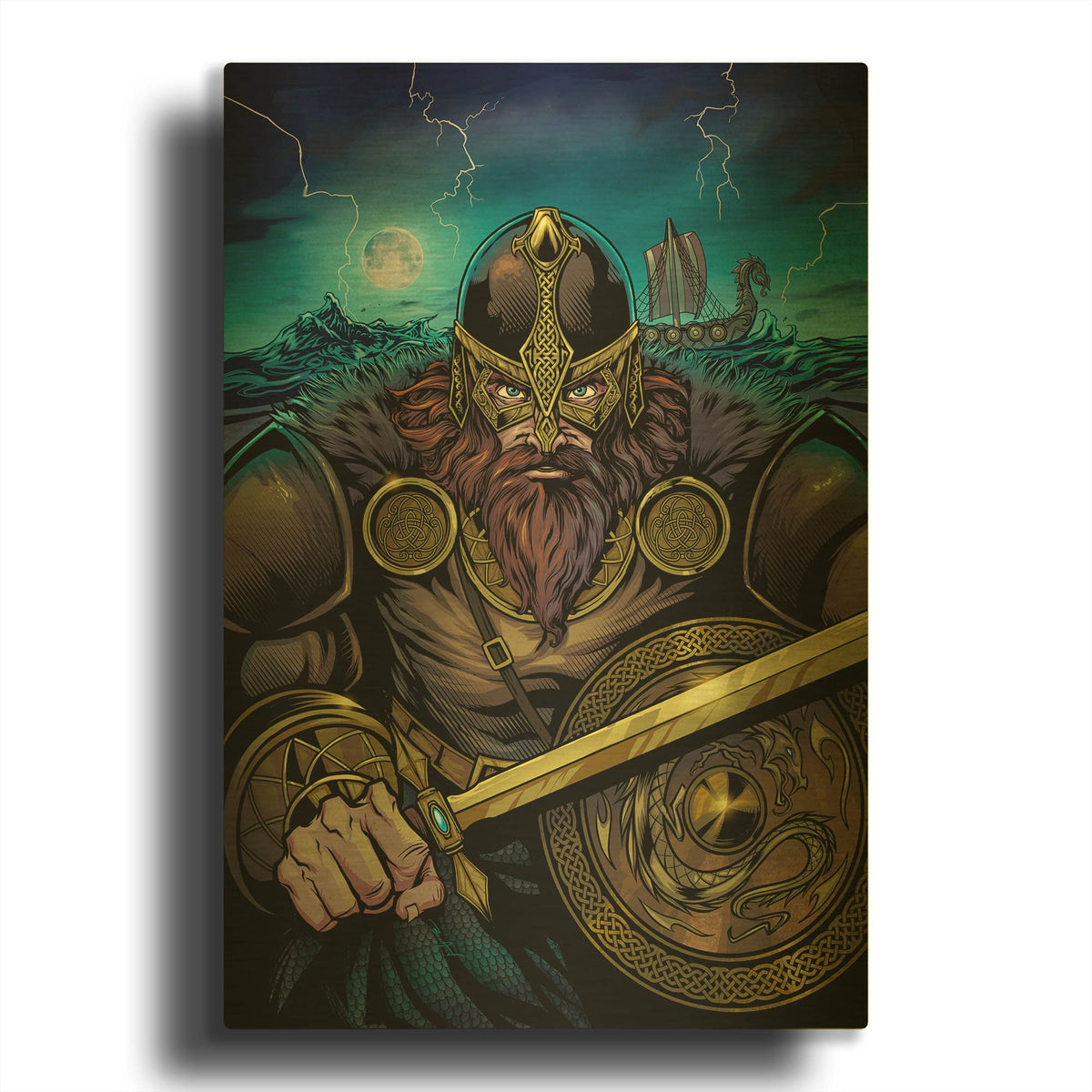 'Viking Sword and Shield Moonlight' By Flyland Designs Gold Metal Wall Art