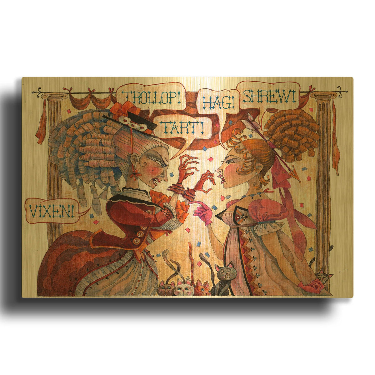 'The Cat Fight' By David Galchutt Gold Metal Wall Art