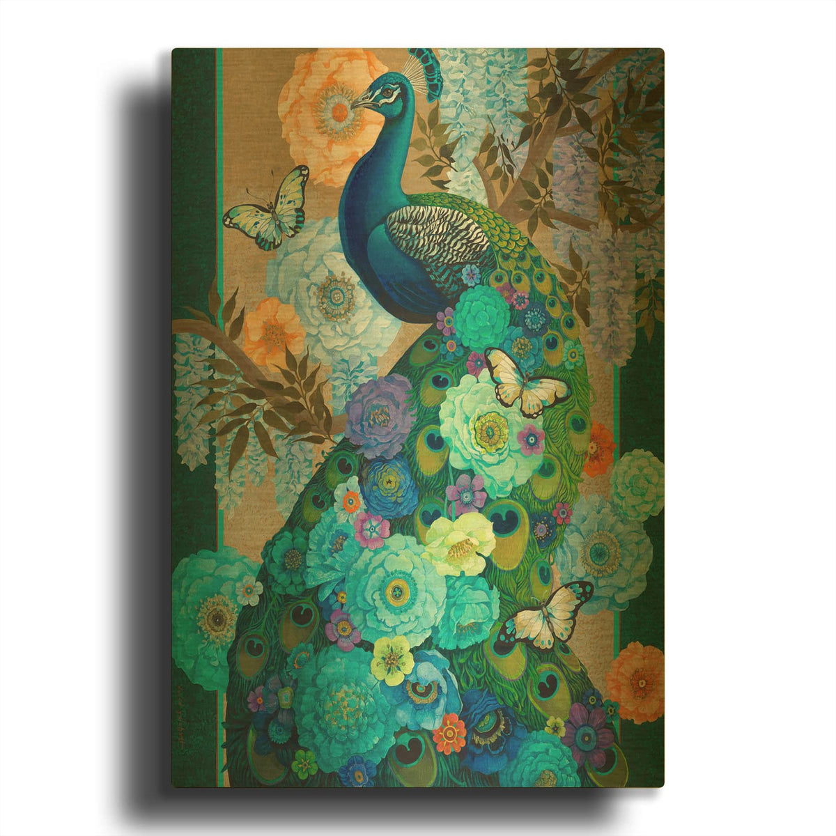 'Floral Peacock' By David Galchutt Gold Metal Wall Art