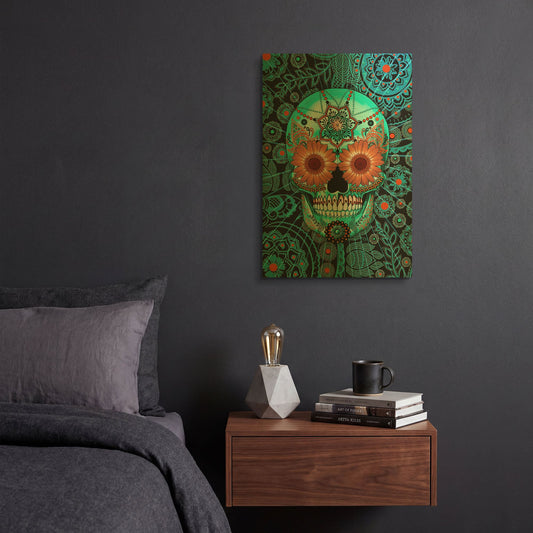 'Sugar Skull Caribbean Blue' By Fusion Idol Arts Gold Metal Wall Art