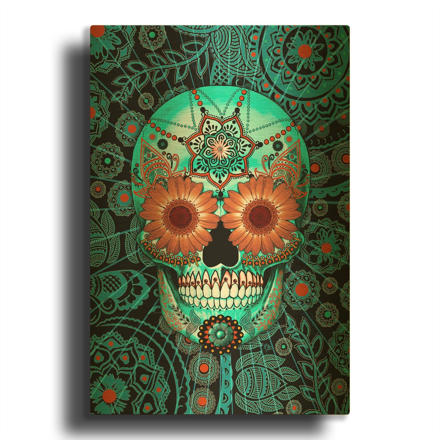 'Sugar Skull Caribbean Blue' By Fusion Idol Arts Gold Metal Wall Art