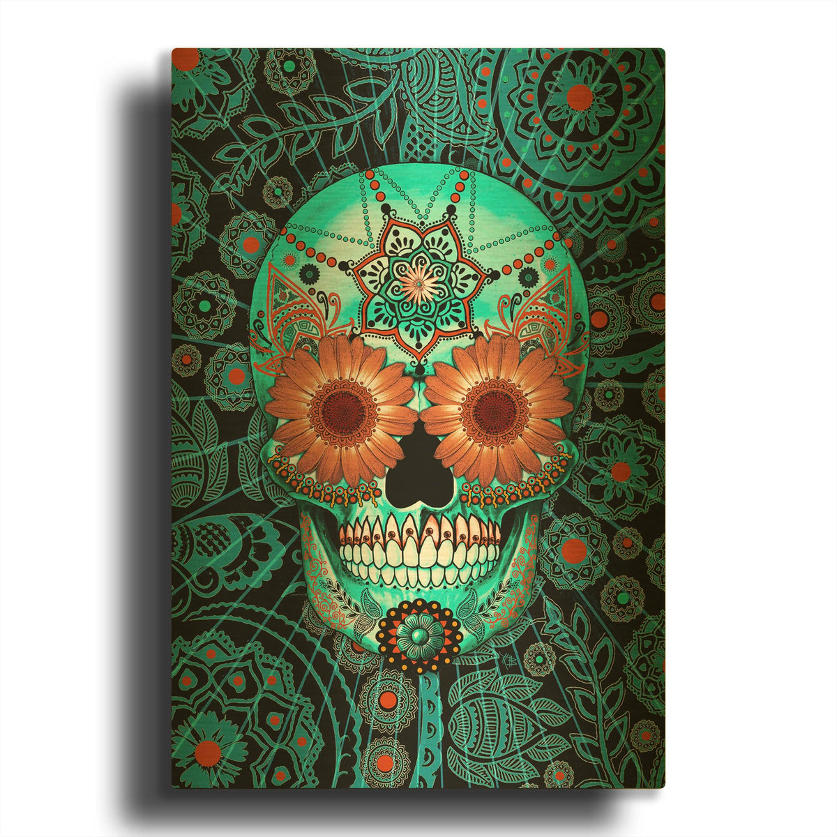 'Sugar Skull Caribbean Blue' By Fusion Idol Arts Gold Metal Wall Art