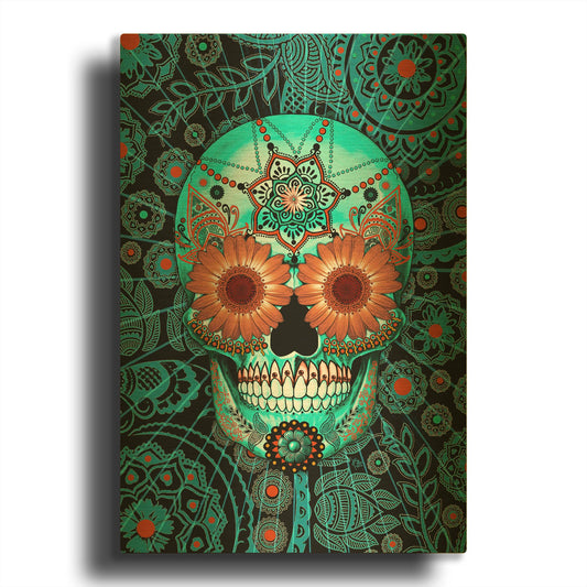 'Sugar Skull Caribbean Blue' By Fusion Idol Arts Gold Metal Wall Art