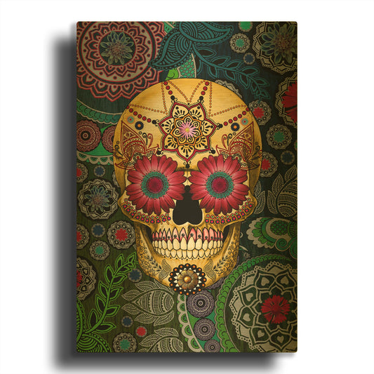 'Sugar Skull Paisley Garden' By Fusion Idol Arts Gold Metal Wall Art