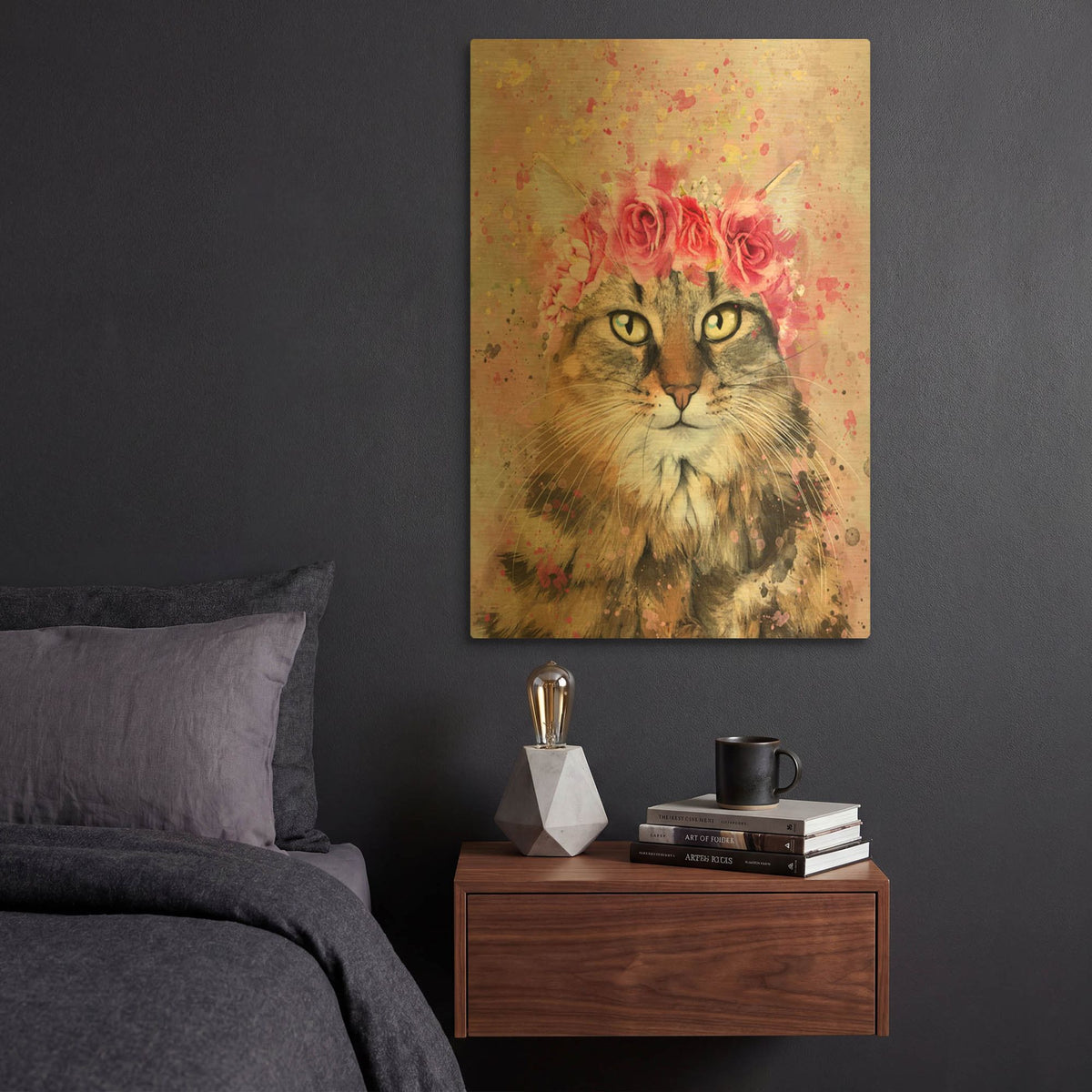'Flower Crown Tabby Cat 5' By Furbaby Affiliates Gold Metal Wall Art