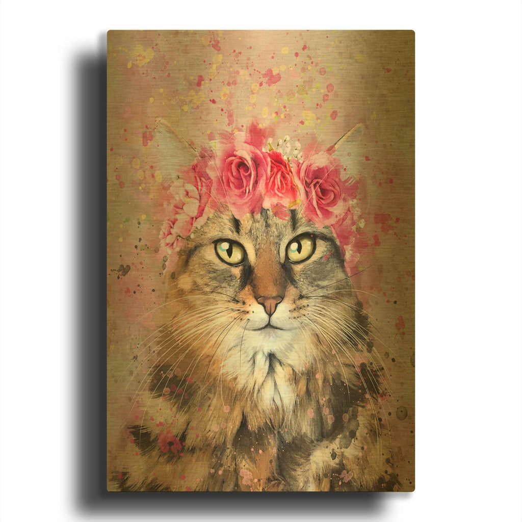 'Flower Crown Tabby Cat 5' By Furbaby Affiliates Gold Metal Wall Art