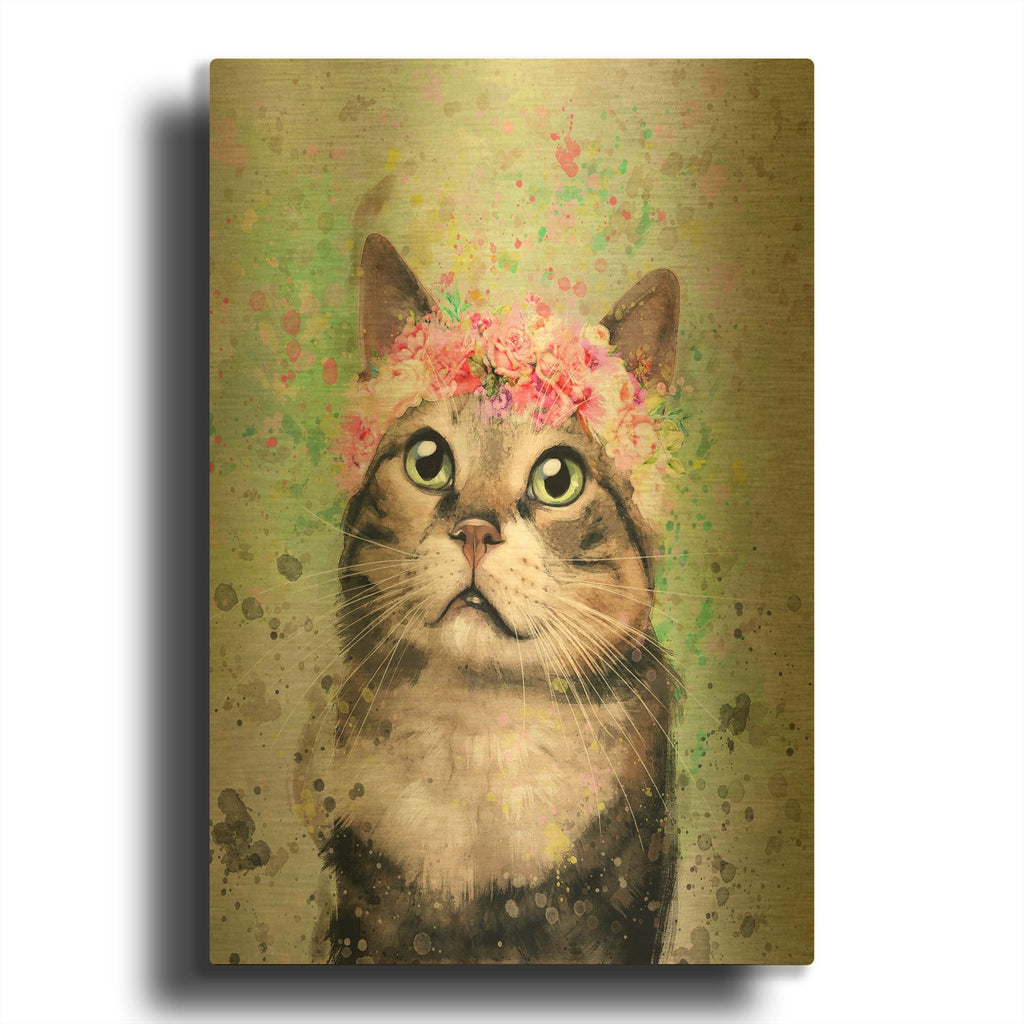'Flower Crown Tabby Cat 4' By Furbaby Affiliates Gold Metal Wall Art