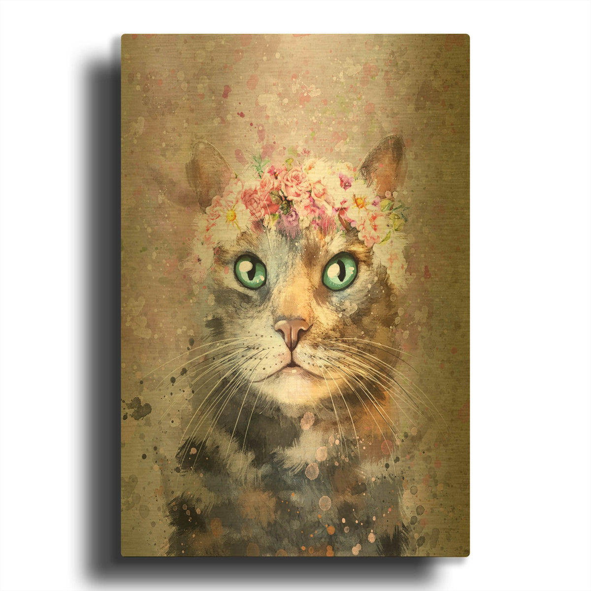 'Flower Crown Tabby Cat 3' By Furbaby Affiliates Gold Metal Wall Art
