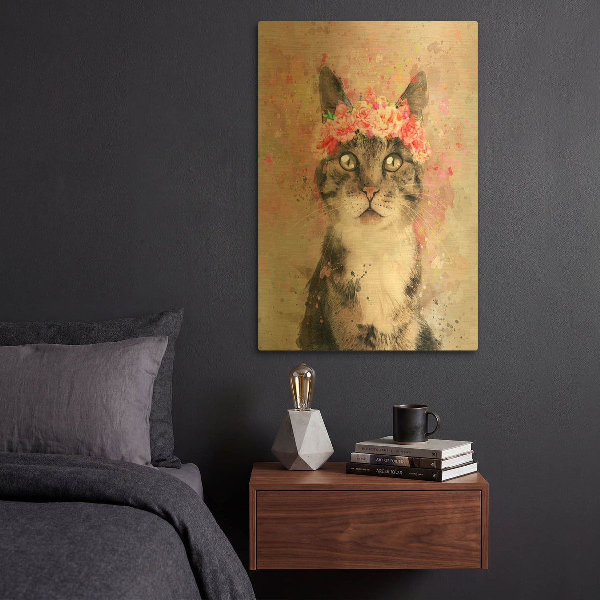 'Flower Crown Tabby Cat 2' By Furbaby Affiliates Gold Metal Wall Art