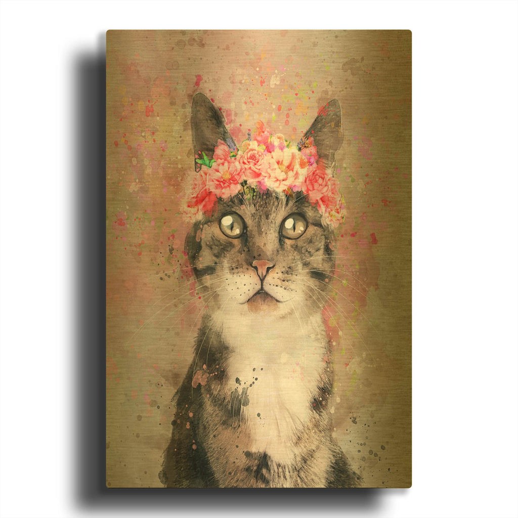 'Flower Crown Tabby Cat 2' By Furbaby Affiliates Gold Metal Wall Art