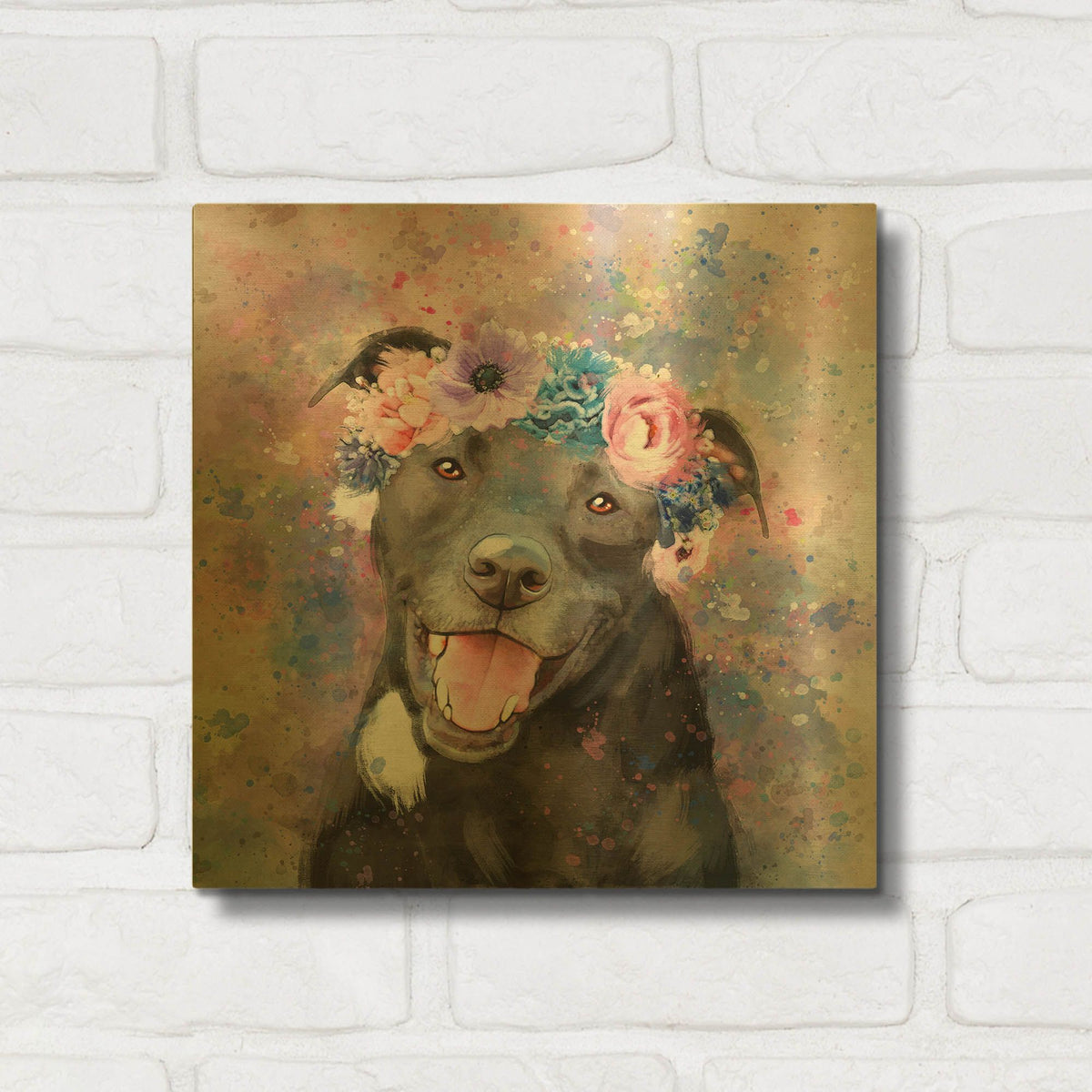 'Flower Crown Staffordshire Terrier' By Furbaby Affiliates Gold Metal Wall Art