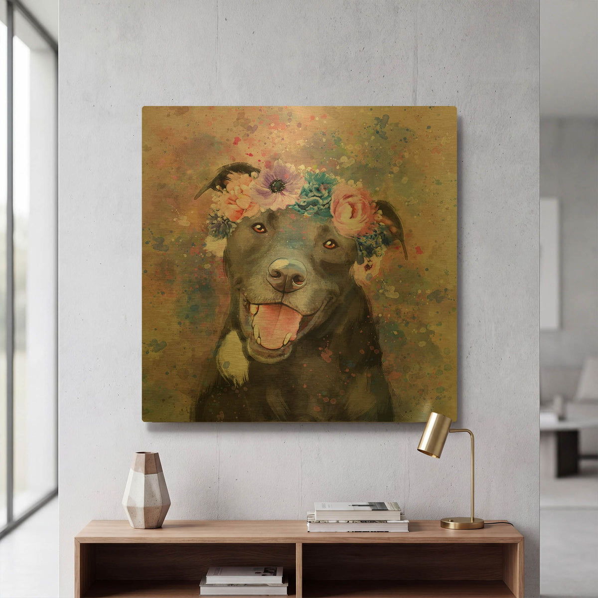 'Flower Crown Staffordshire Terrier' By Furbaby Affiliates Gold Metal Wall Art