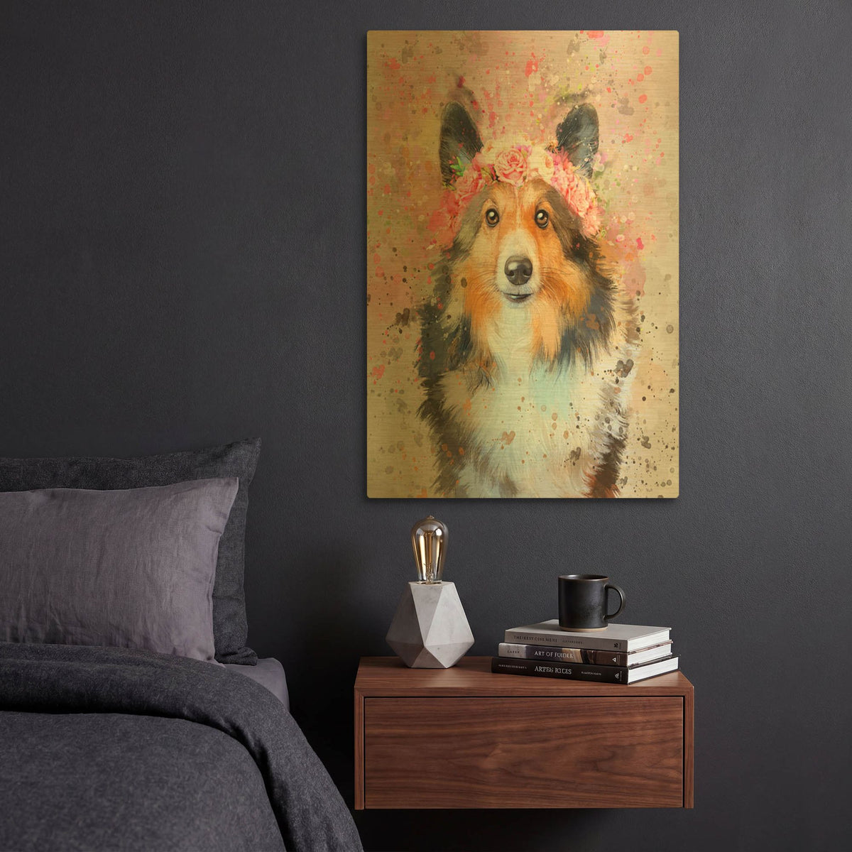 'Flower Crown Shetland Sheepdog 2' By Furbaby Affiliates Gold Metal Wall Art