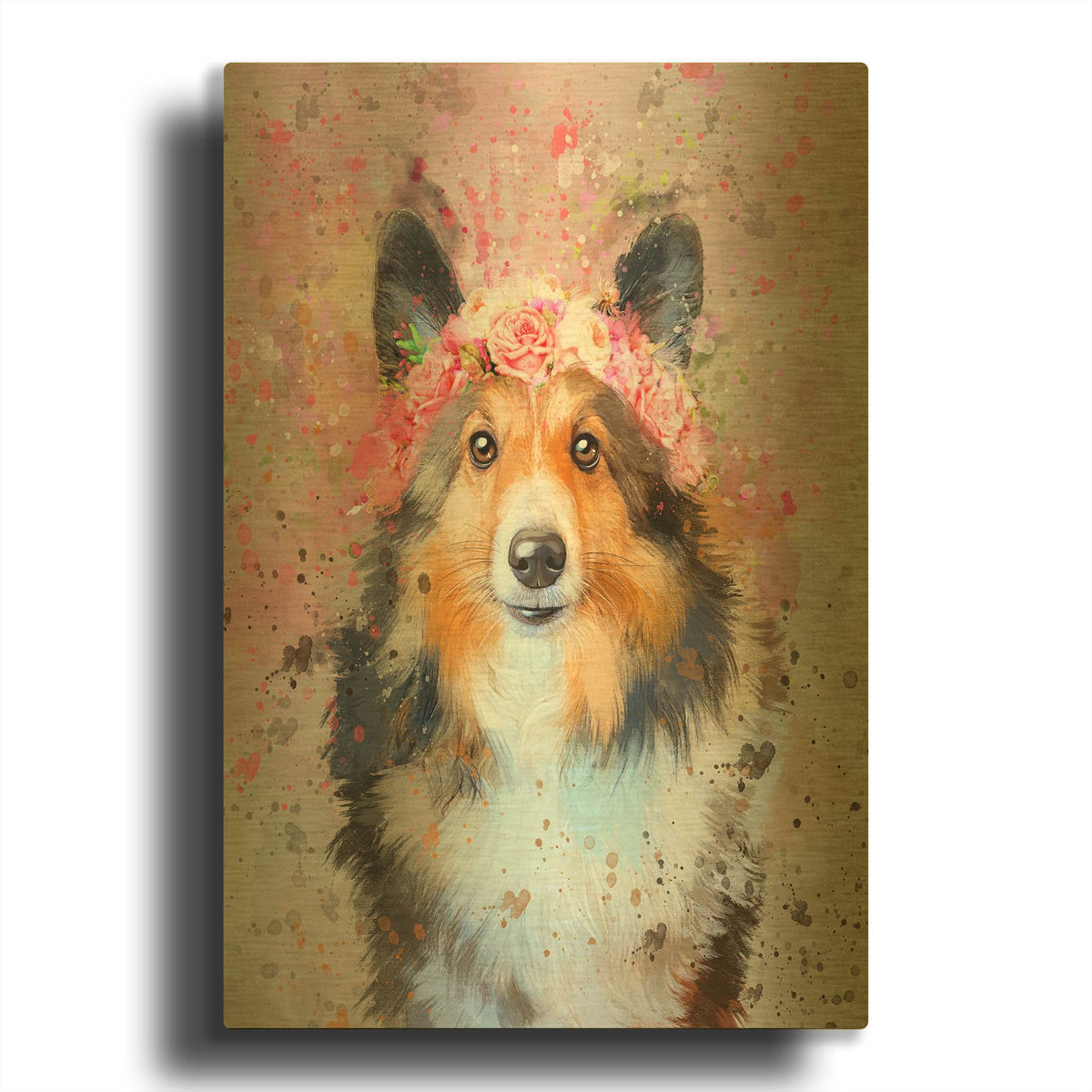 'Flower Crown Shetland Sheepdog 2' By Furbaby Affiliates Gold Metal Wall Art