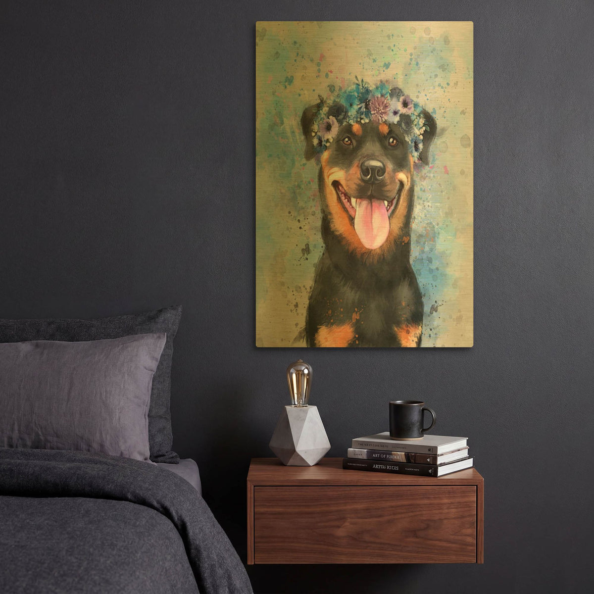 'Flower Crown Rottweiler' By Furbaby Affiliates Gold Metal Wall Art