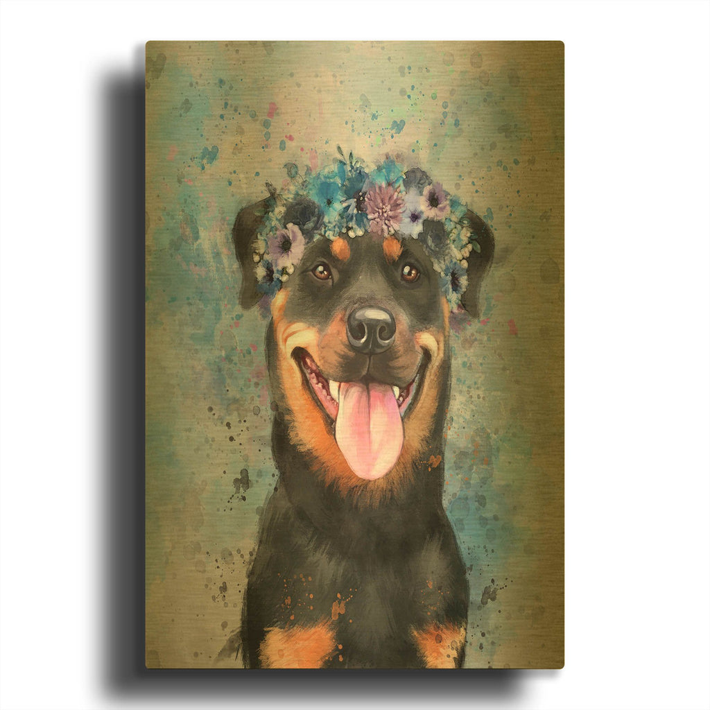 'Flower Crown Rottweiler' By Furbaby Affiliates Gold Metal Wall Art