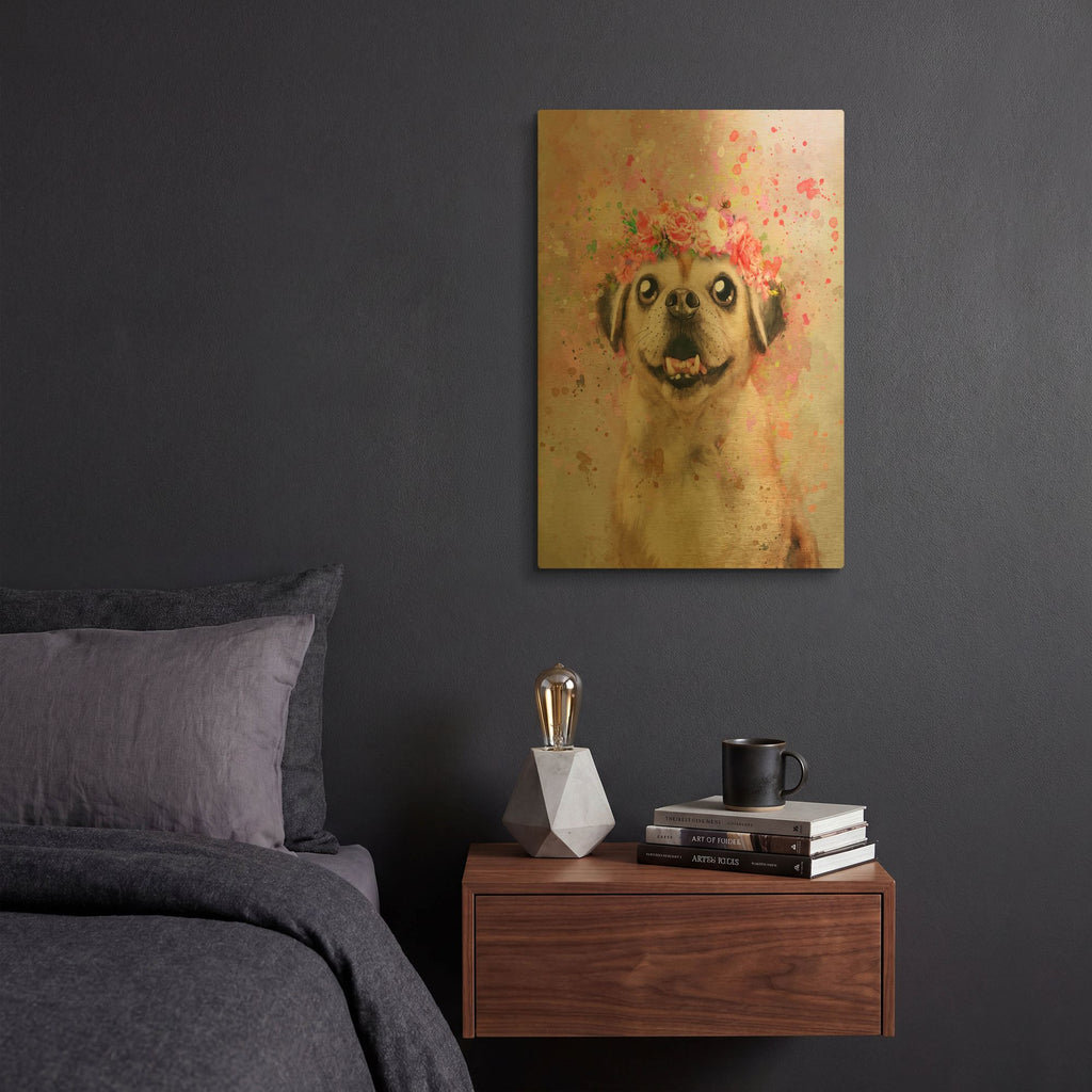 'Flower Crown Puggle' By Furbaby Affiliates Gold Metal Wall Art