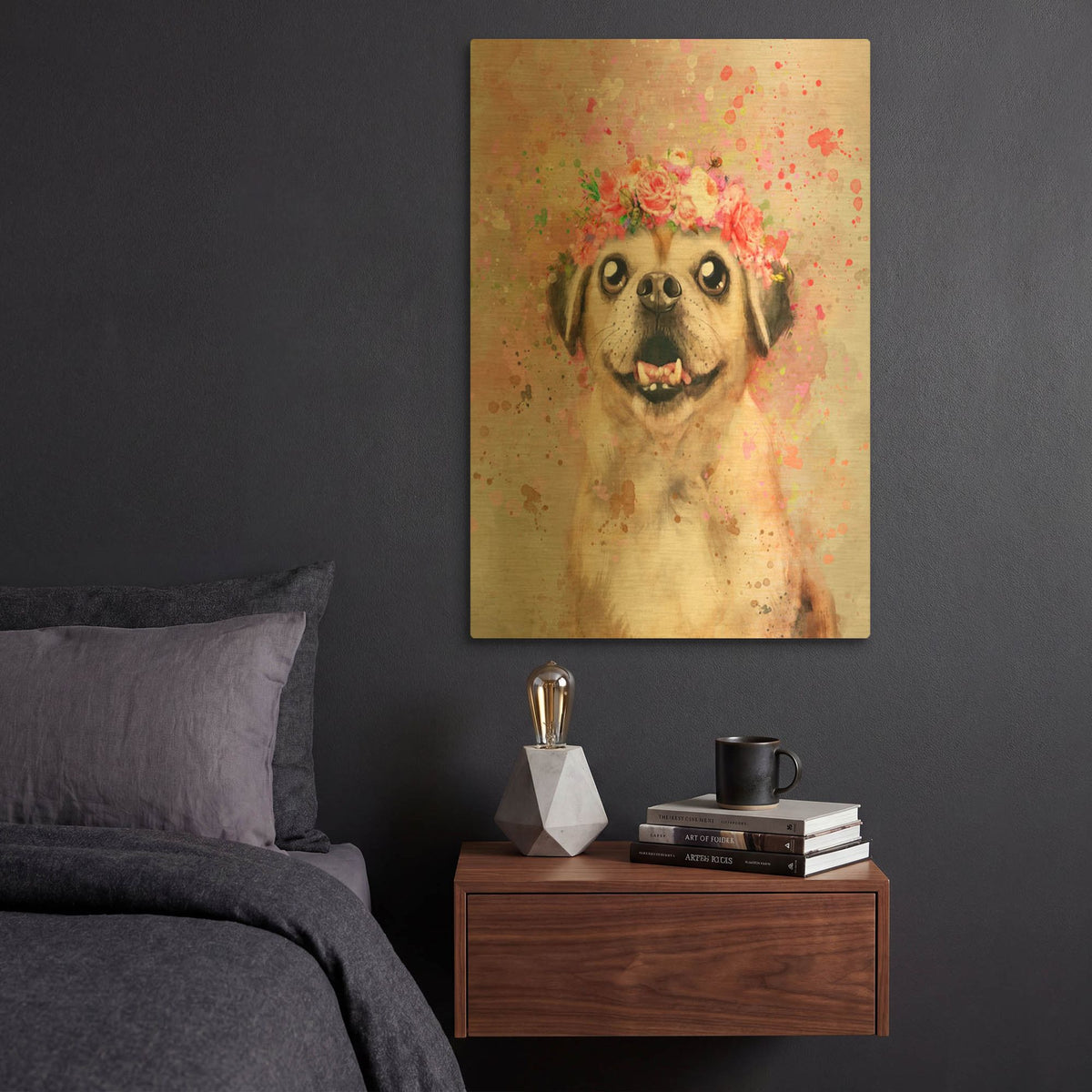 'Flower Crown Puggle' By Furbaby Affiliates Gold Metal Wall Art